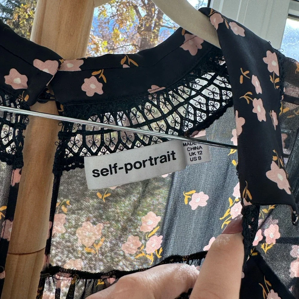 Self-Portrait Printed Mini Dress Sheer Sleeve Lace Detail Size S / US 4 - Picture 3 of 4